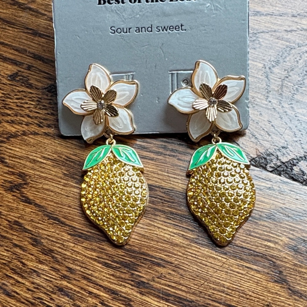 Gold & White Floral Lemon Drop Earrings with Green Leaves